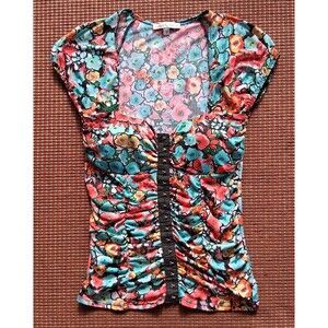 Moa Moa Corset Style Scoop Neck Top Floral Hook+Eye Front Size Small Y2K Stretch
